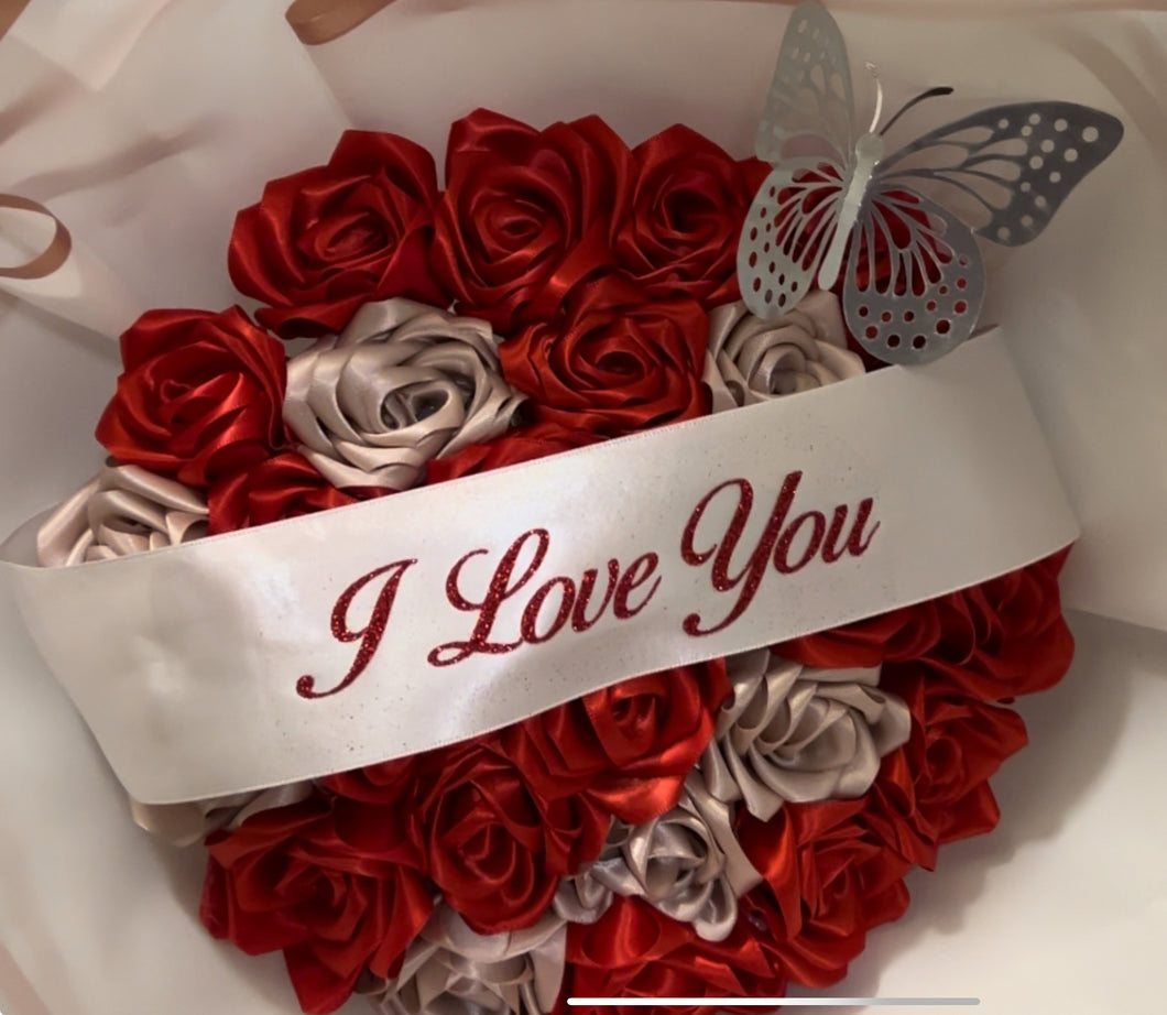 Elegant Red & Champagne Satin Rose Bouquet -